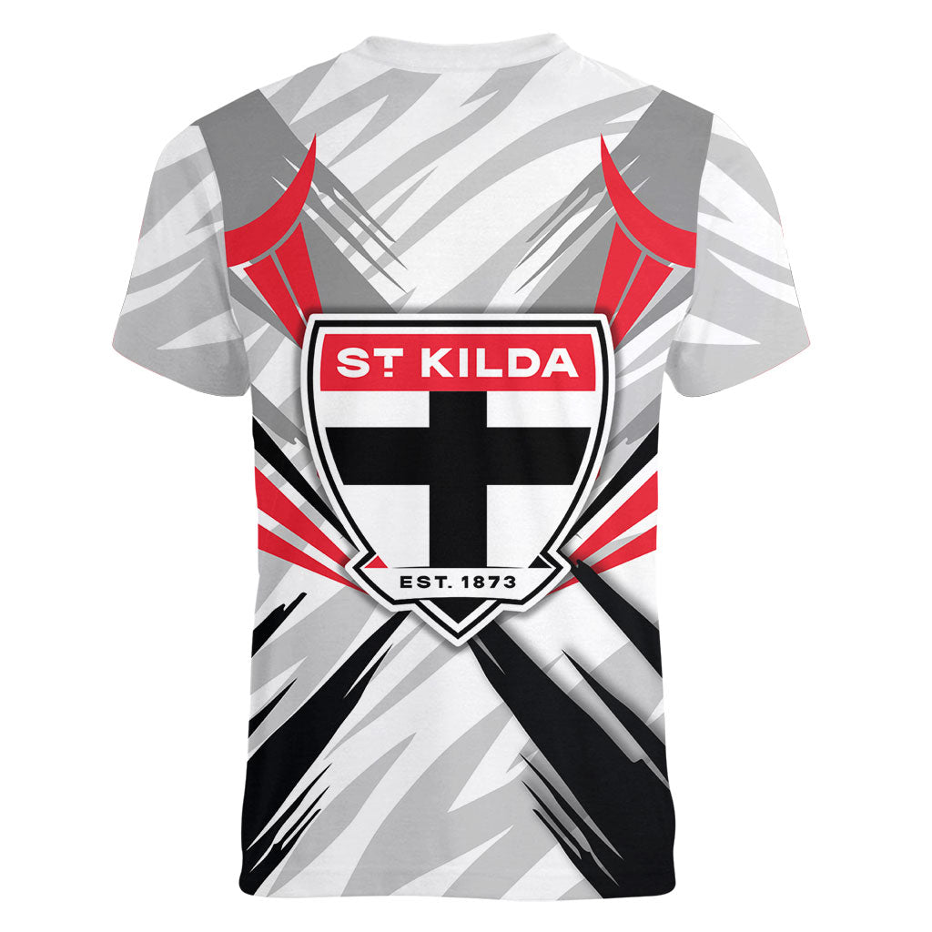St Kilda Saints Australian Football Women V-Neck T-Shirt Superhero Mascot Graphic - Bold Team Colors