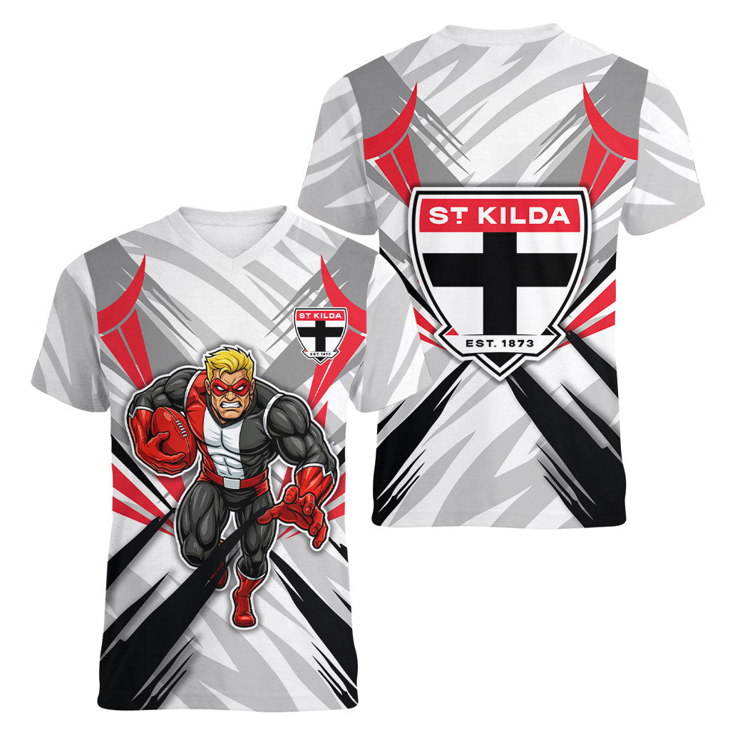 St Kilda Saints Australian Football Women V-Neck T-Shirt Superhero Mascot Graphic - Bold Team Colors
