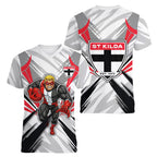 St Kilda Saints Australian Football Women V-Neck T-Shirt Superhero Mascot Graphic - Bold Team Colors