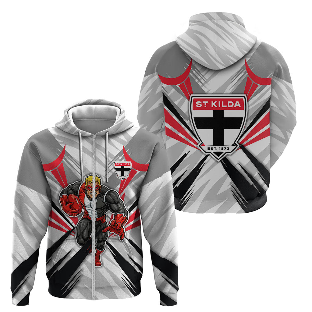 St Kilda Saints Australian Football Zip Hoodie Superhero Mascot Graphic - Bold Team Colors
