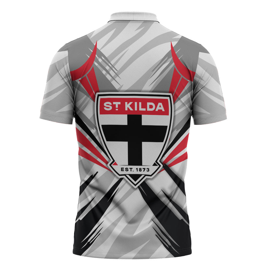 St Kilda Saints Australian Football Zipper Polo Shirt Superhero Mascot Graphic - Bold Team Colors