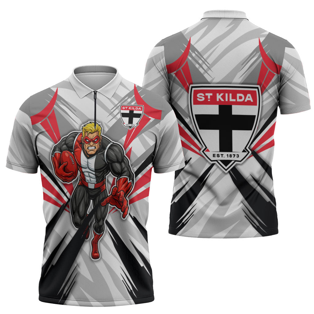 St Kilda Saints Australian Football Zipper Polo Shirt Superhero Mascot Graphic - Bold Team Colors