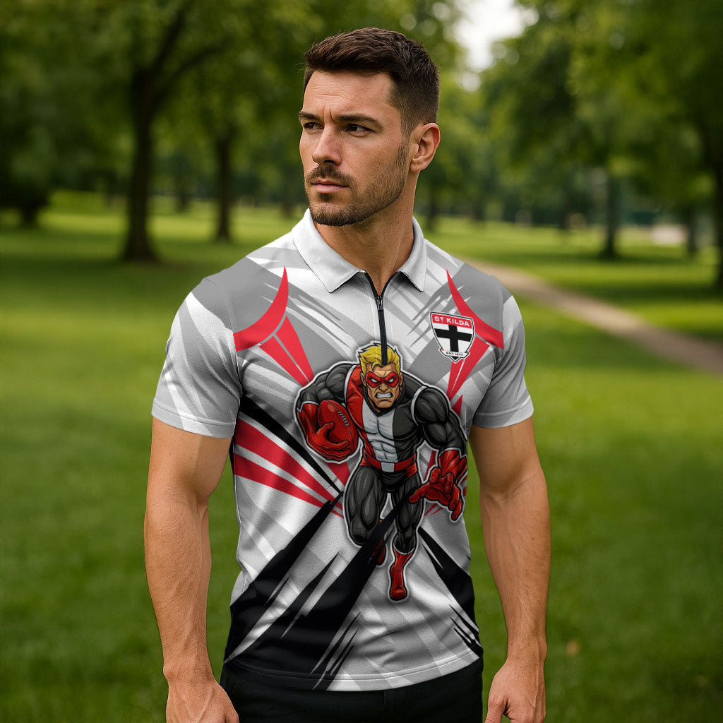 St Kilda Saints Australian Football Zipper Polo Shirt Superhero Mascot Graphic - Bold Team Colors