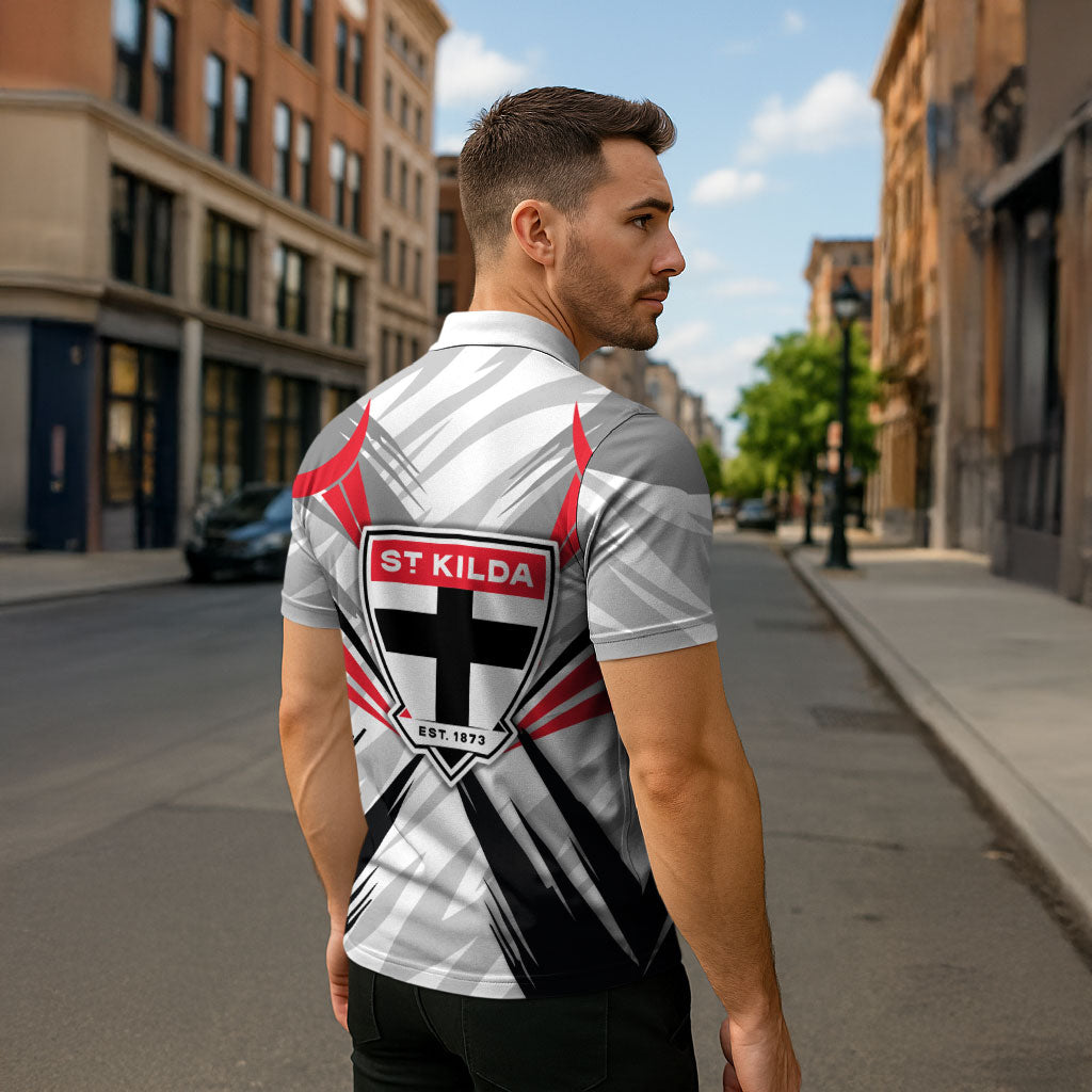 St Kilda Saints Australian Football Zipper Polo Shirt Superhero Mascot Graphic - Bold Team Colors