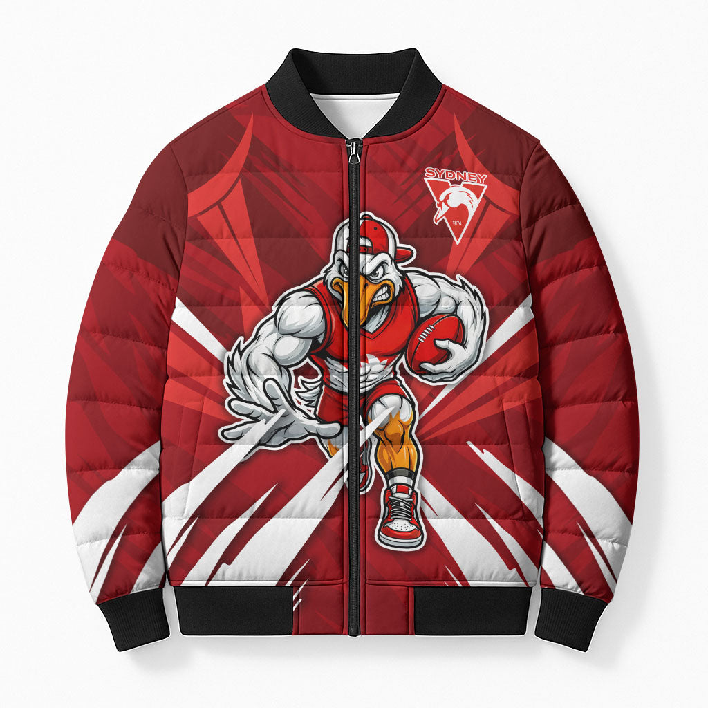 Sydney Swans Australian Football Bomber Puffer Jacket Muscular Swan Mascot - Bold Team Colors