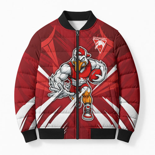 Sydney Swans Australian Football Bomber Puffer Jacket Muscular Swan Mascot - Bold Team Colors
