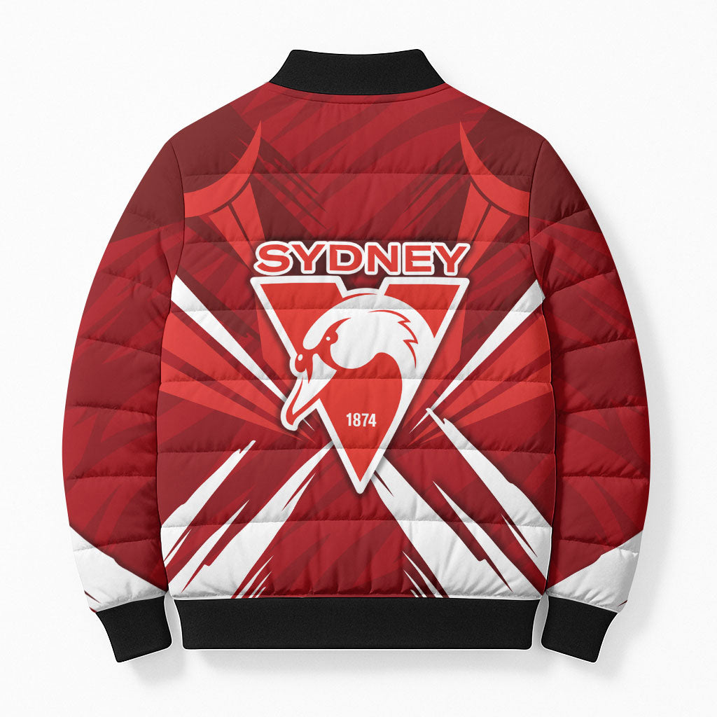 Sydney Swans Australian Football Bomber Puffer Jacket Muscular Swan Mascot - Bold Team Colors