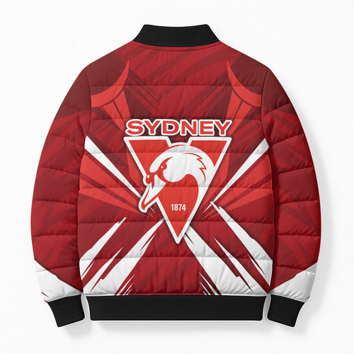 Sydney Swans Australian Football Bomber Puffer Jacket Muscular Swan Mascot - Bold Team Colors