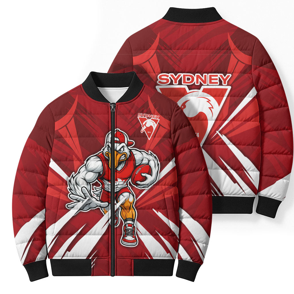 Sydney Swans Australian Football Bomber Puffer Jacket Muscular Swan Mascot - Bold Team Colors