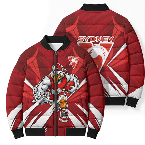 Sydney Swans Australian Football Bomber Puffer Jacket Muscular Swan Mascot - Bold Team Colors