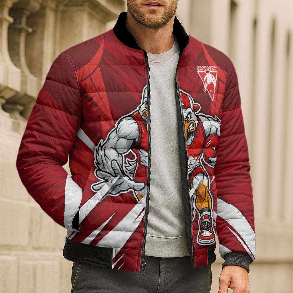 Sydney Swans Australian Football Bomber Puffer Jacket Muscular Swan Mascot - Bold Team Colors