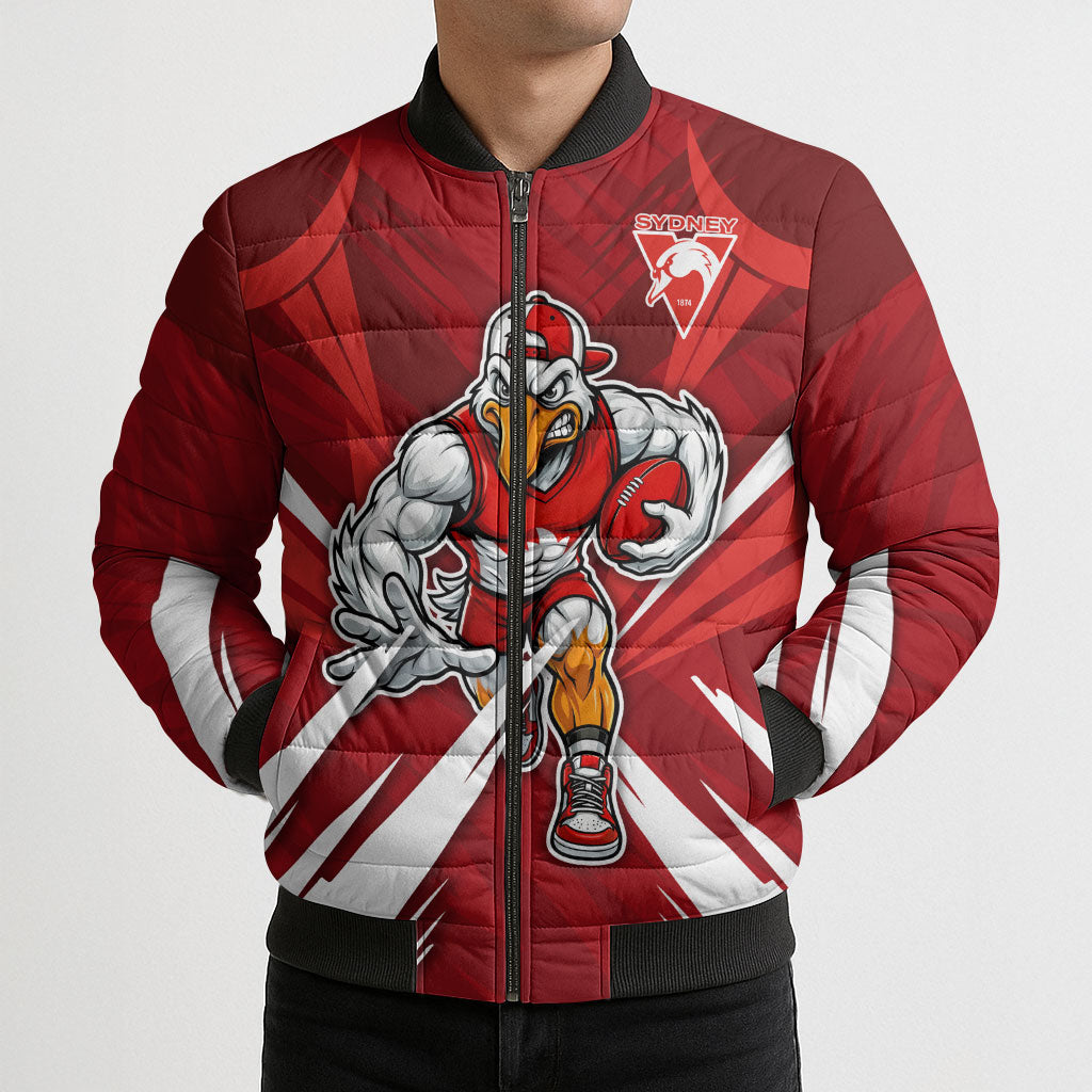 Sydney Swans Australian Football Bomber Puffer Jacket Muscular Swan Mascot - Bold Team Colors