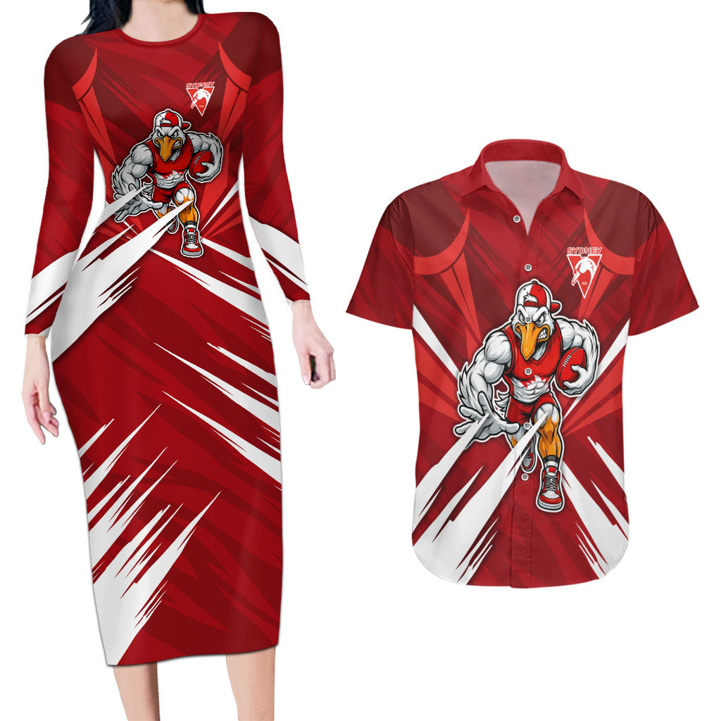 Sydney Swans Australian Football Couples Matching Long Sleeve Bodycon Dress and Hawaiian Shirt Muscular Swan Mascot - Bold Team Colors