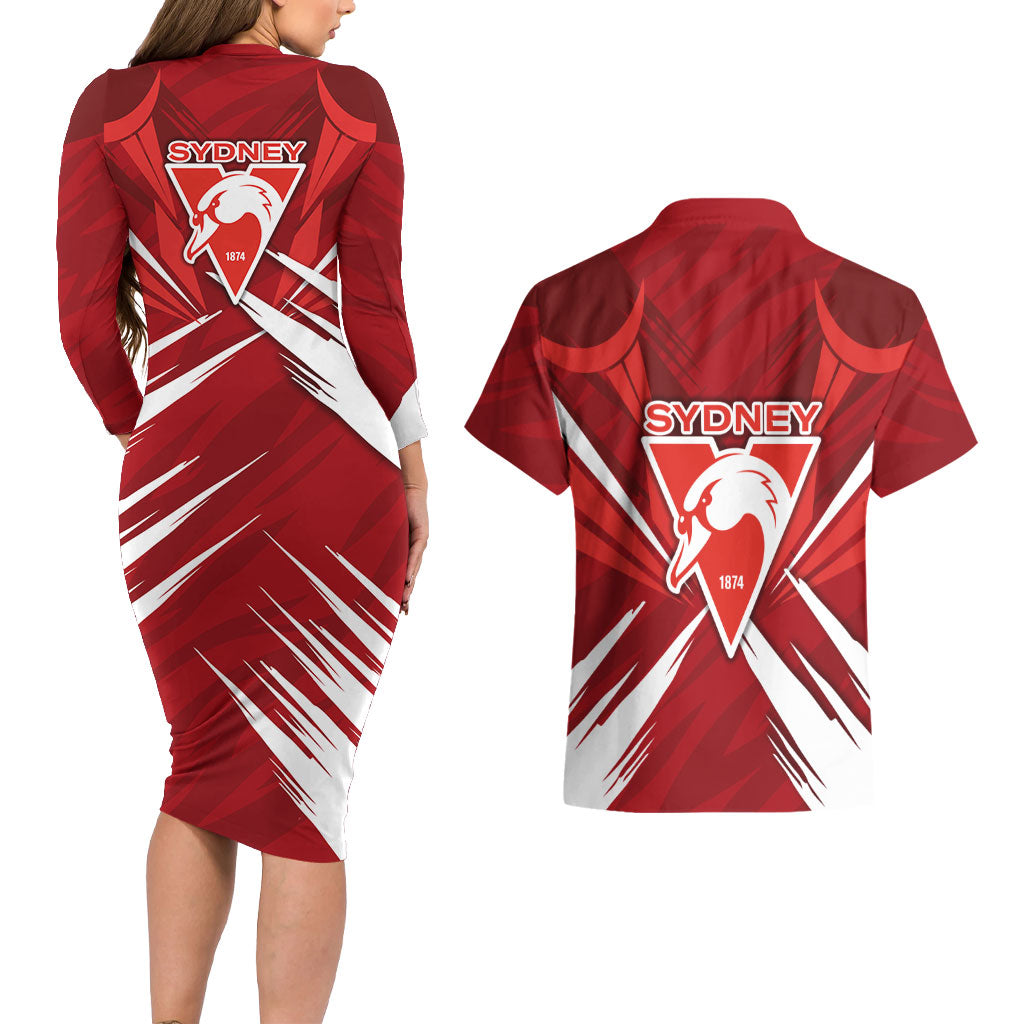 Sydney Swans Australian Football Couples Matching Long Sleeve Bodycon Dress and Hawaiian Shirt Muscular Swan Mascot - Bold Team Colors