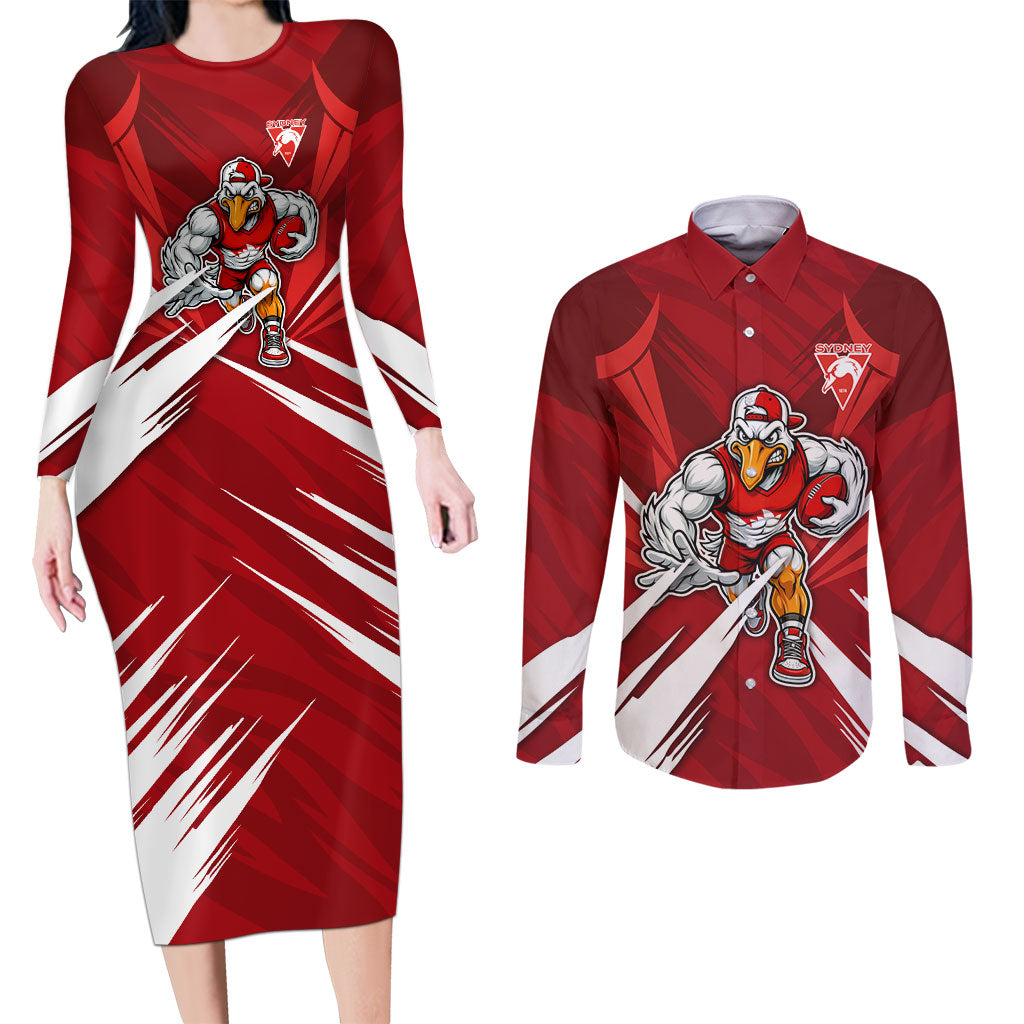 Sydney Swans Australian Football Couples Matching Long Sleeve Bodycon Dress and Long Sleeve Button Shirt Muscular Swan Mascot - Bold Team Colors