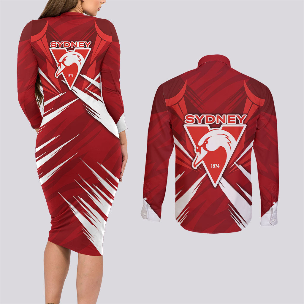 Sydney Swans Australian Football Couples Matching Long Sleeve Bodycon Dress and Long Sleeve Button Shirt Muscular Swan Mascot - Bold Team Colors