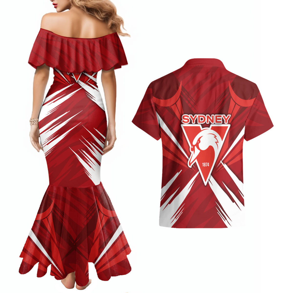 Sydney Swans Australian Football Couples Matching Mermaid Dress and Hawaiian Shirt Muscular Swan Mascot - Bold Team Colors