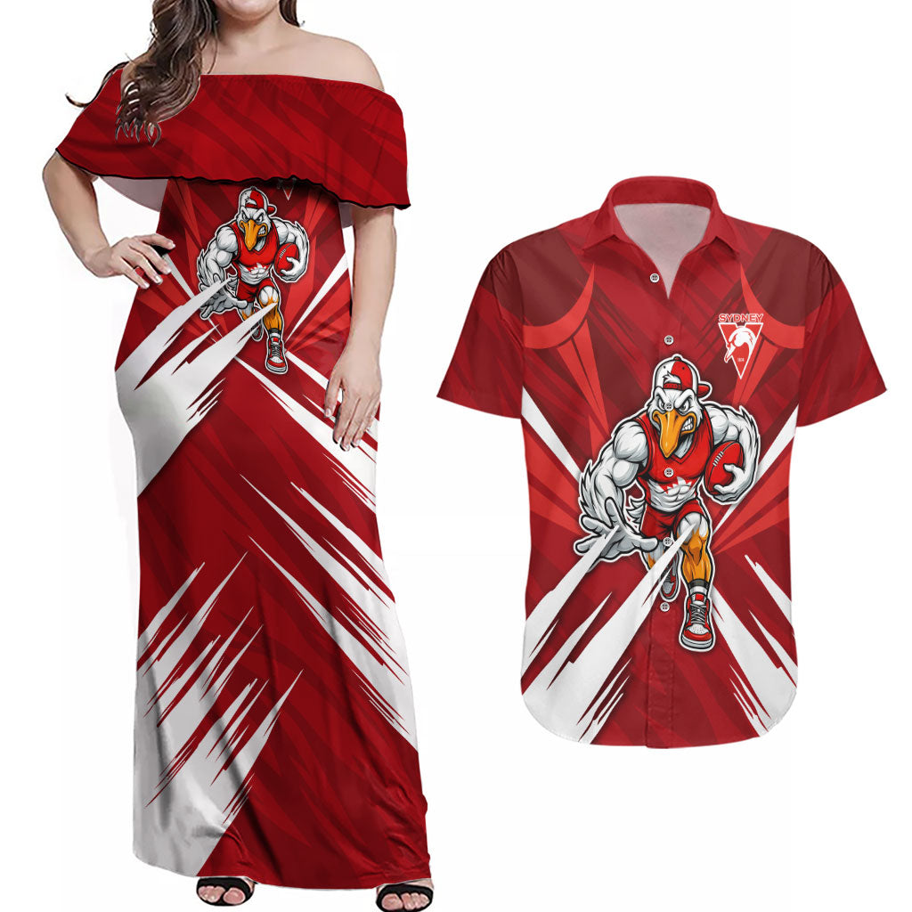 Sydney Swans Australian Football Couples Matching Off Shoulder Maxi Dress and Hawaiian Shirt Muscular Swan Mascot - Bold Team Colors