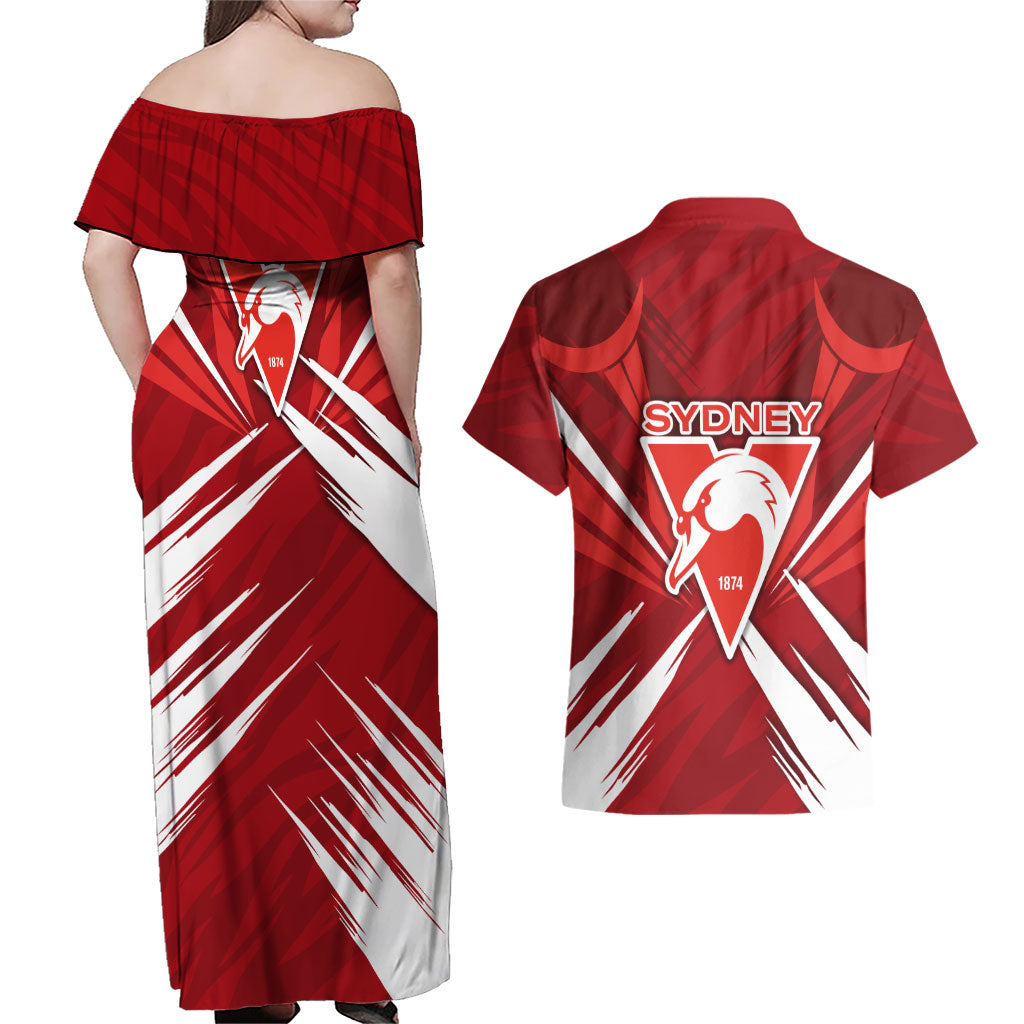 Sydney Swans Australian Football Couples Matching Off Shoulder Maxi Dress and Hawaiian Shirt Muscular Swan Mascot - Bold Team Colors