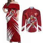 Sydney Swans Australian Football Couples Matching Off Shoulder Maxi Dress and Long Sleeve Button Shirt Muscular Swan Mascot - Bold Team Colors
