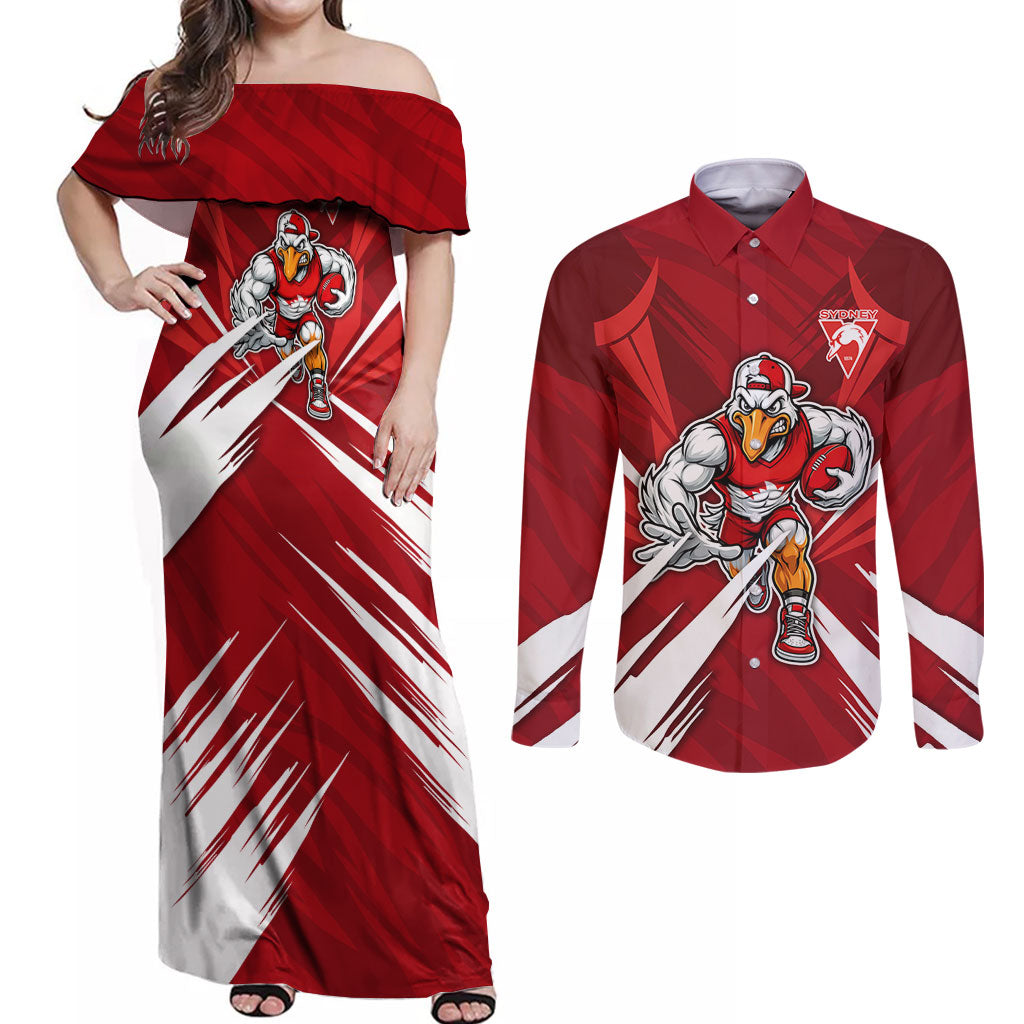 Sydney Swans Australian Football Couples Matching Off Shoulder Maxi Dress and Long Sleeve Button Shirt Muscular Swan Mascot - Bold Team Colors