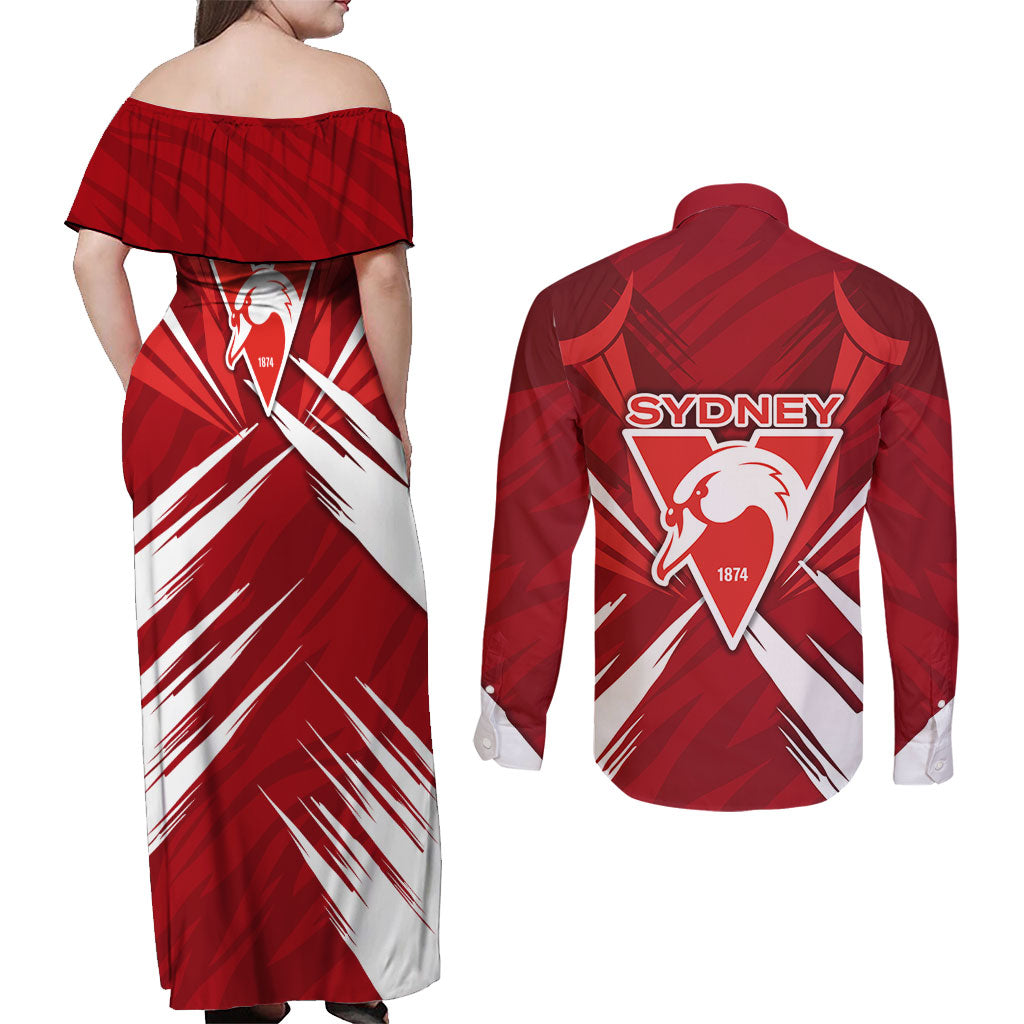 Sydney Swans Australian Football Couples Matching Off Shoulder Maxi Dress and Long Sleeve Button Shirt Muscular Swan Mascot - Bold Team Colors