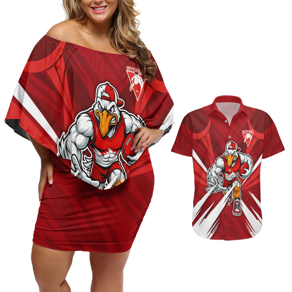 Sydney Swans Australian Football Couples Matching Off Shoulder Short Dress and Hawaiian Shirt Muscular Swan Mascot - Bold Team Colors