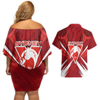Sydney Swans Australian Football Couples Matching Off Shoulder Short Dress and Hawaiian Shirt Muscular Swan Mascot - Bold Team Colors