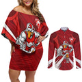 Sydney Swans Australian Football Couples Matching Off Shoulder Short Dress and Long Sleeve Button Shirt Muscular Swan Mascot - Bold Team Colors