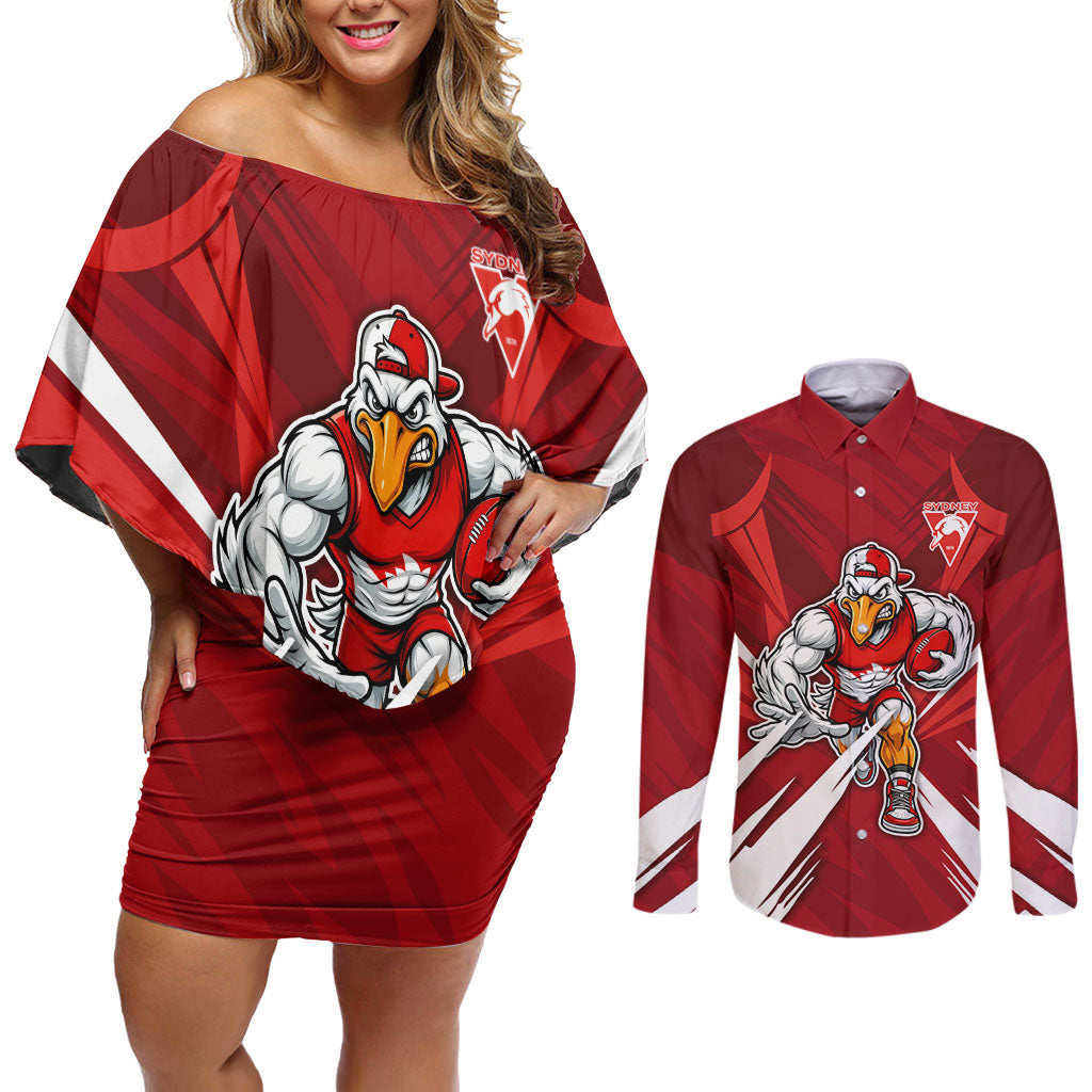 Sydney Swans Australian Football Couples Matching Off Shoulder Short Dress and Long Sleeve Button Shirt Muscular Swan Mascot - Bold Team Colors