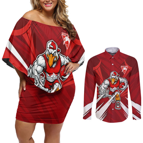 Sydney Swans Australian Football Couples Matching Off Shoulder Short Dress and Long Sleeve Button Shirt Muscular Swan Mascot - Bold Team Colors