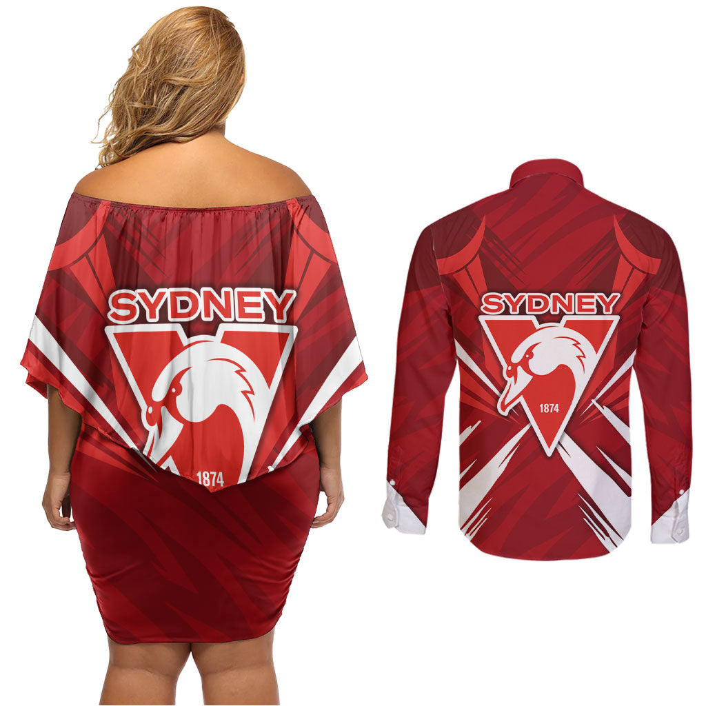 Sydney Swans Australian Football Couples Matching Off Shoulder Short Dress and Long Sleeve Button Shirt Muscular Swan Mascot - Bold Team Colors