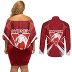 Sydney Swans Australian Football Couples Matching Off Shoulder Short Dress and Long Sleeve Button Shirt Muscular Swan Mascot - Bold Team Colors