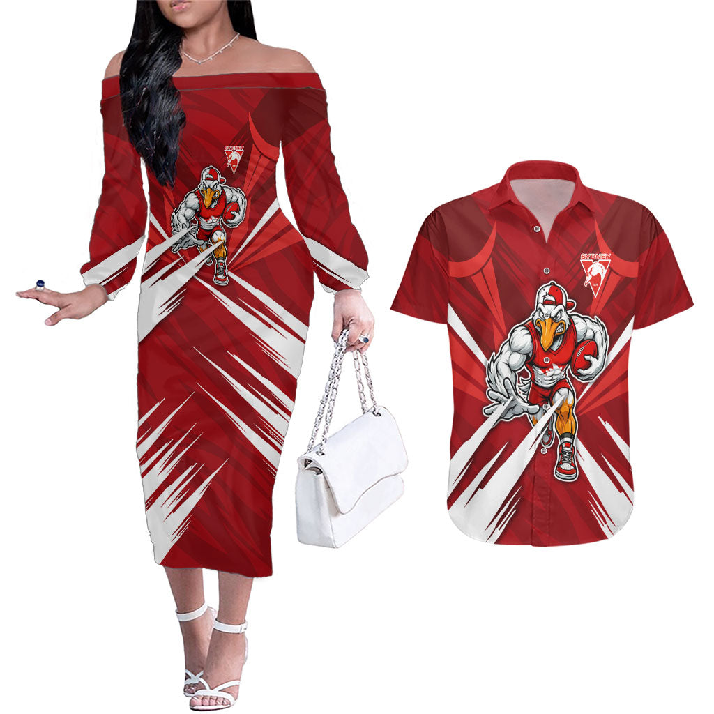 Sydney Swans Australian Football Couples Matching Off The Shoulder Long Sleeve Dress and Hawaiian Shirt Muscular Swan Mascot - Bold Team Colors
