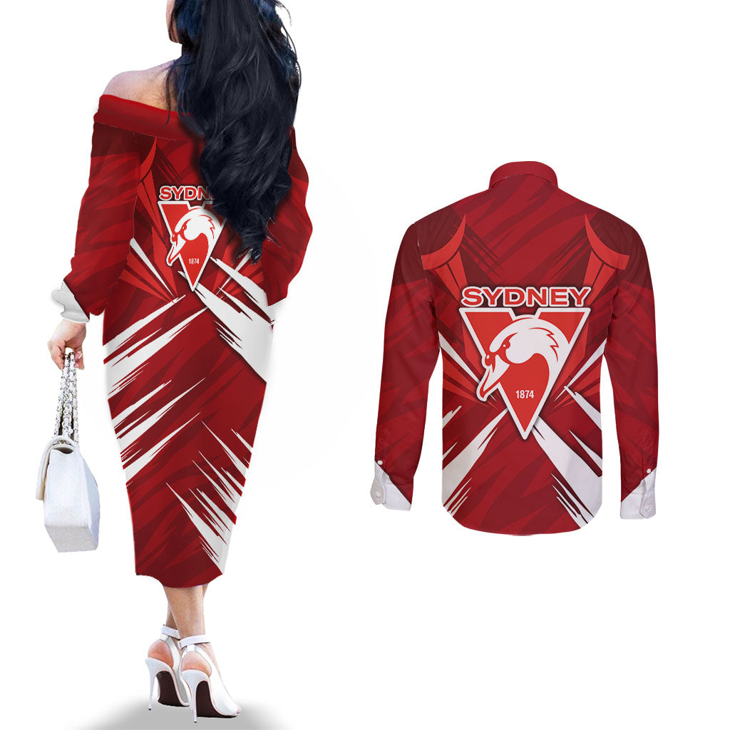 Sydney Swans Australian Football Couples Matching Off The Shoulder Long Sleeve Dress and Long Sleeve Button Shirt Muscular Swan Mascot - Bold Team Colors