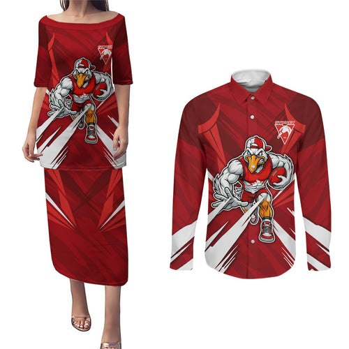 Sydney Swans Australian Football Couples Matching Puletasi and Long Sleeve Button Shirt Muscular Swan Mascot - Bold Team Colors