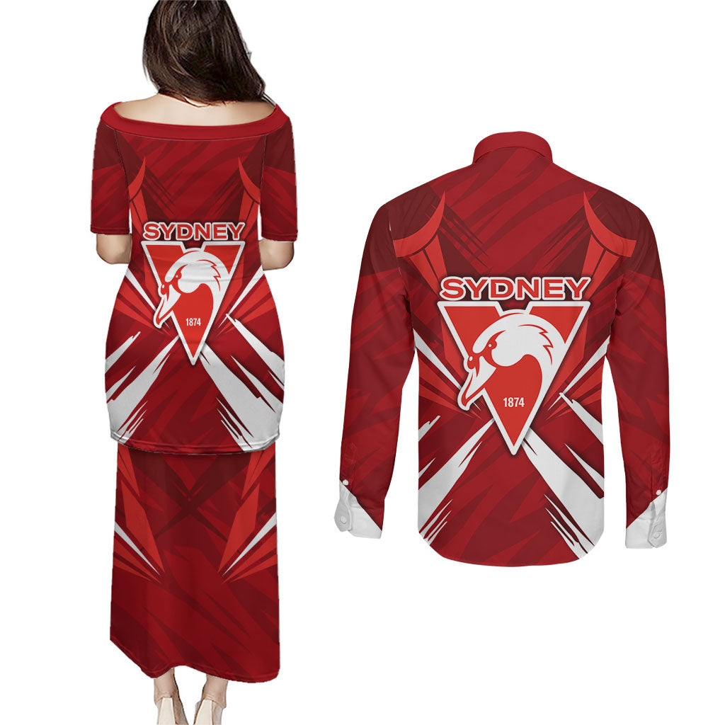 Sydney Swans Australian Football Couples Matching Puletasi and Long Sleeve Button Shirt Muscular Swan Mascot - Bold Team Colors