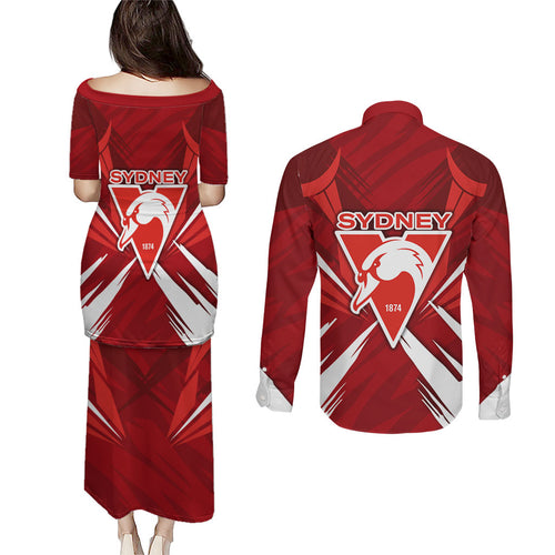 Sydney Swans Australian Football Couples Matching Puletasi and Long Sleeve Button Shirt Muscular Swan Mascot - Bold Team Colors