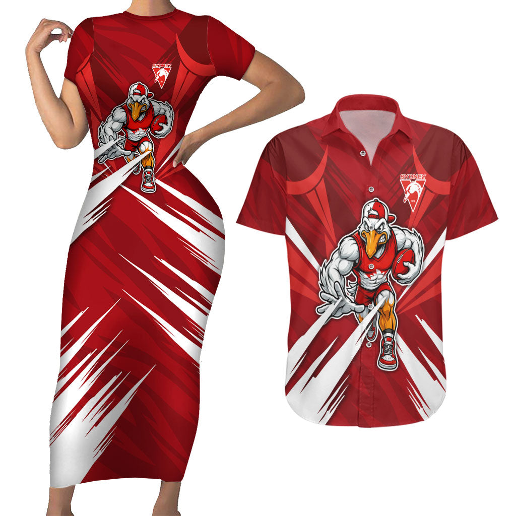 Sydney Swans Australian Football Couples Matching Short Sleeve Bodycon Dress and Hawaiian Shirt Muscular Swan Mascot - Bold Team Colors