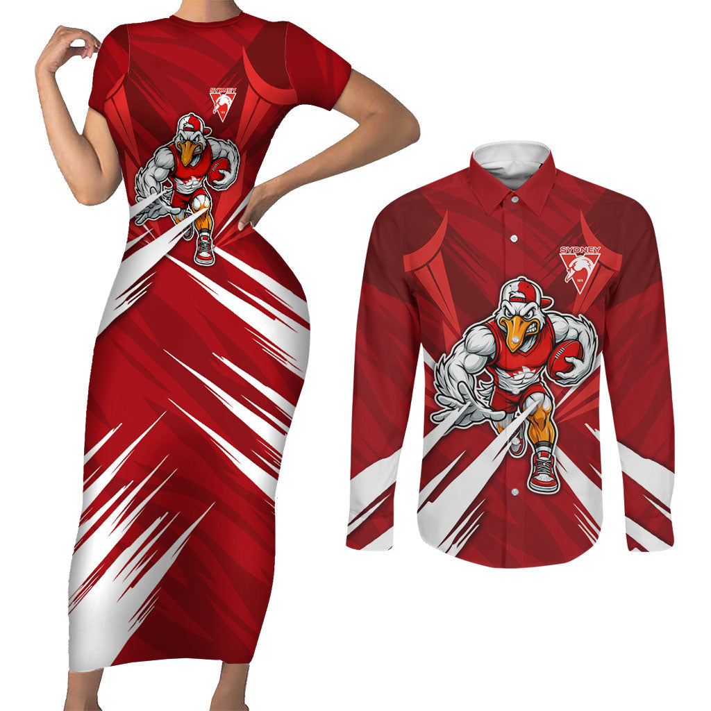 Sydney Swans Australian Football Couples Matching Short Sleeve Bodycon Dress and Long Sleeve Button Shirt Muscular Swan Mascot - Bold Team Colors
