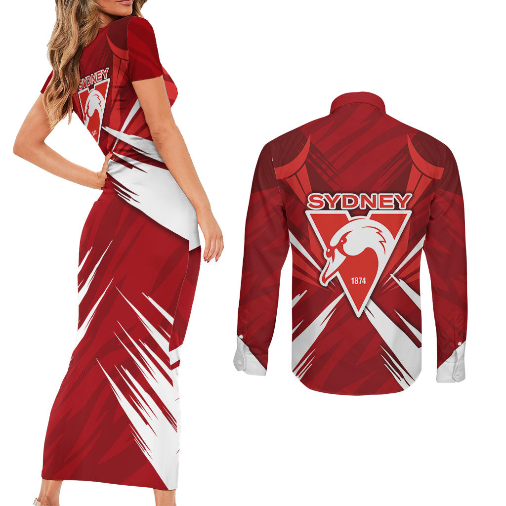 Sydney Swans Australian Football Couples Matching Short Sleeve Bodycon Dress and Long Sleeve Button Shirt Muscular Swan Mascot - Bold Team Colors