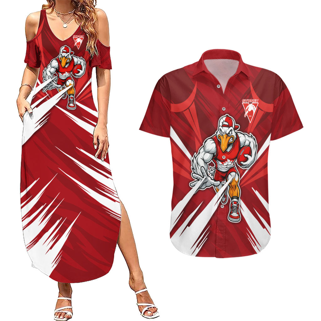 Sydney Swans Australian Football Couples Matching Summer Maxi Dress and Hawaiian Shirt Muscular Swan Mascot - Bold Team Colors