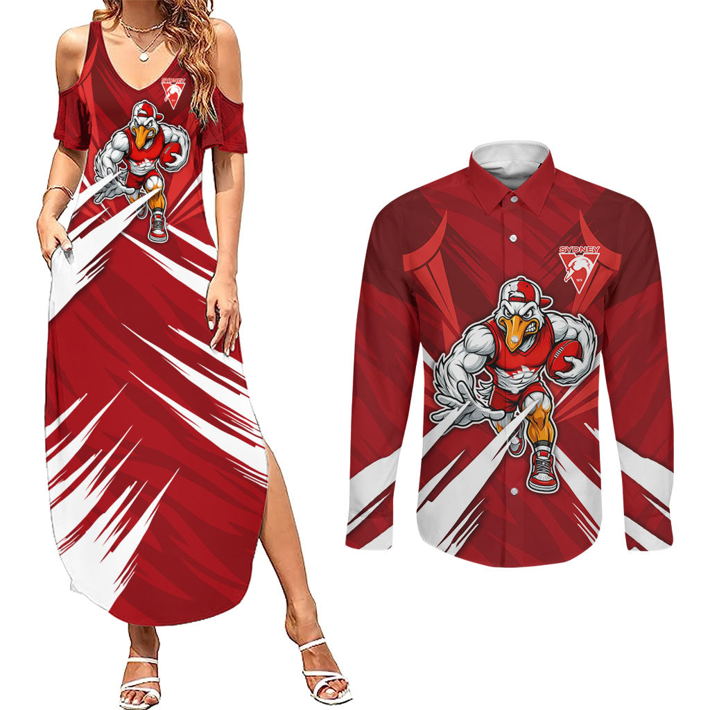 Sydney Swans Australian Football Couples Matching Summer Maxi Dress and Long Sleeve Button Shirt Muscular Swan Mascot - Bold Team Colors