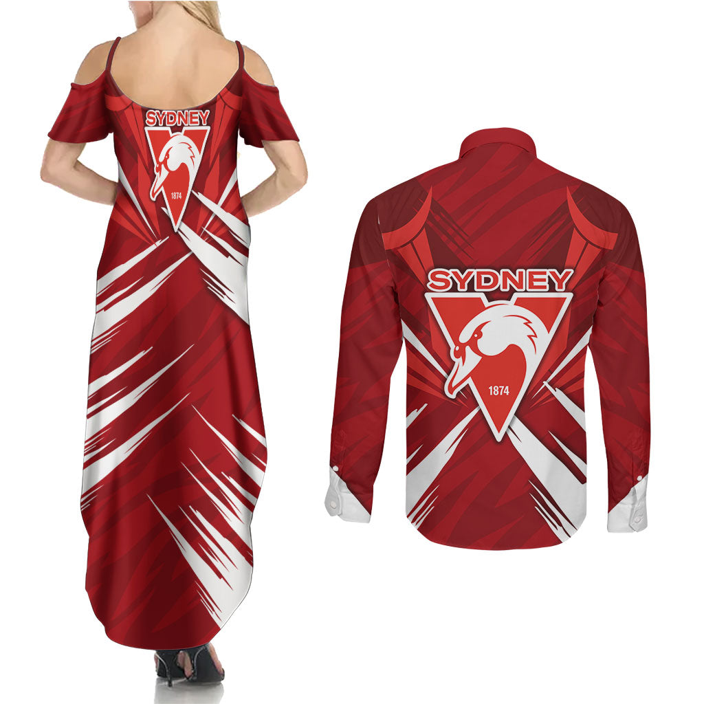 Sydney Swans Australian Football Couples Matching Summer Maxi Dress and Long Sleeve Button Shirt Muscular Swan Mascot - Bold Team Colors