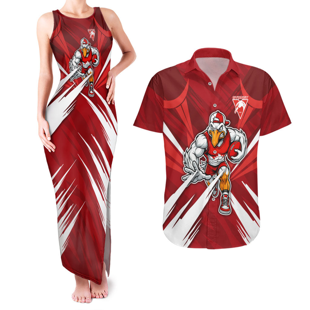 Sydney Swans Australian Football Couples Matching Tank Maxi Dress and Hawaiian Shirt Muscular Swan Mascot - Bold Team Colors