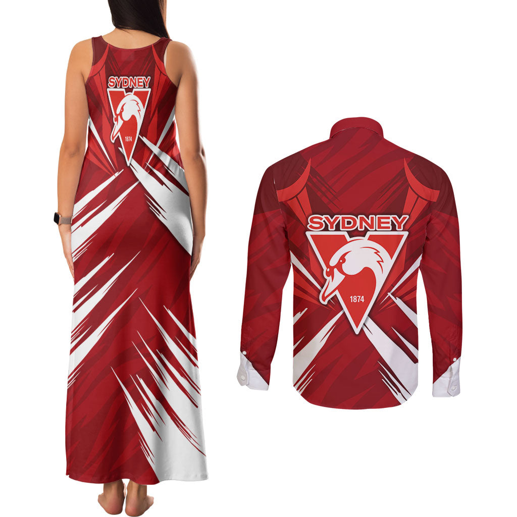 Sydney Swans Australian Football Couples Matching Tank Maxi Dress and Long Sleeve Button Shirt Muscular Swan Mascot - Bold Team Colors