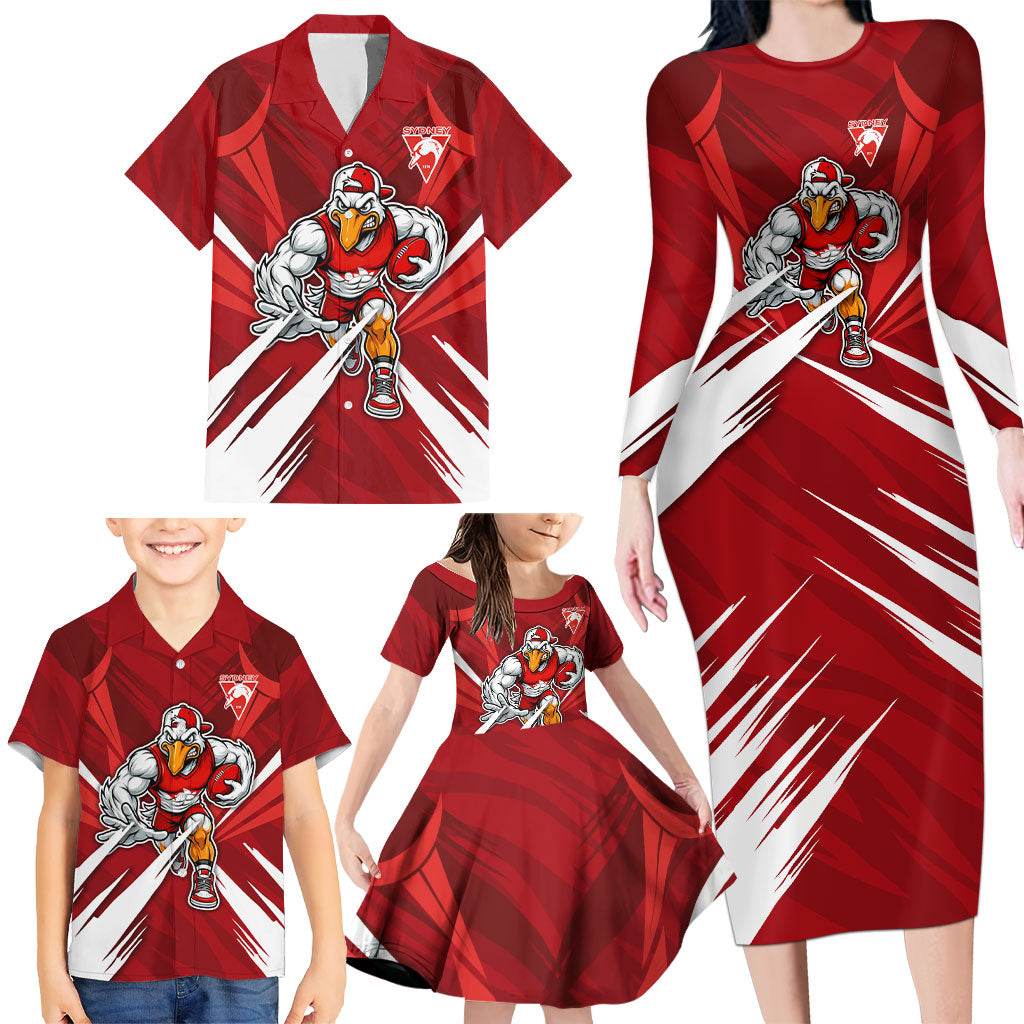 Sydney Swans Australian Football Family Matching Long Sleeve Bodycon Dress and Hawaiian Shirt Muscular Swan Mascot - Bold Team Colors
