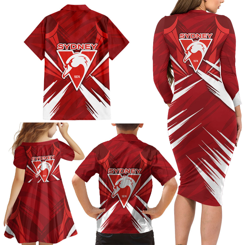 Sydney Swans Australian Football Family Matching Long Sleeve Bodycon Dress and Hawaiian Shirt Muscular Swan Mascot - Bold Team Colors