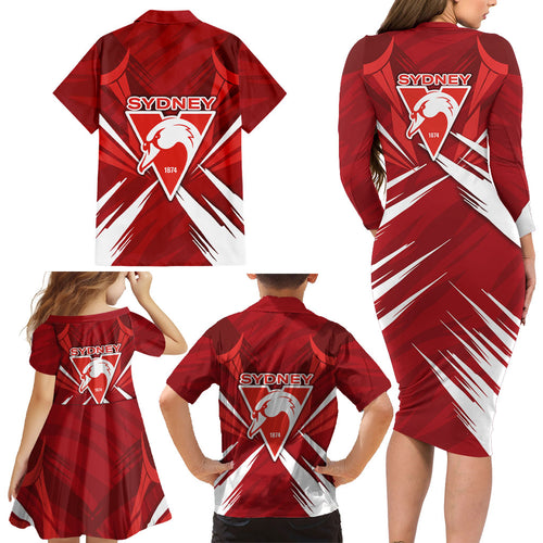 Sydney Swans Australian Football Family Matching Long Sleeve Bodycon Dress and Hawaiian Shirt Muscular Swan Mascot - Bold Team Colors