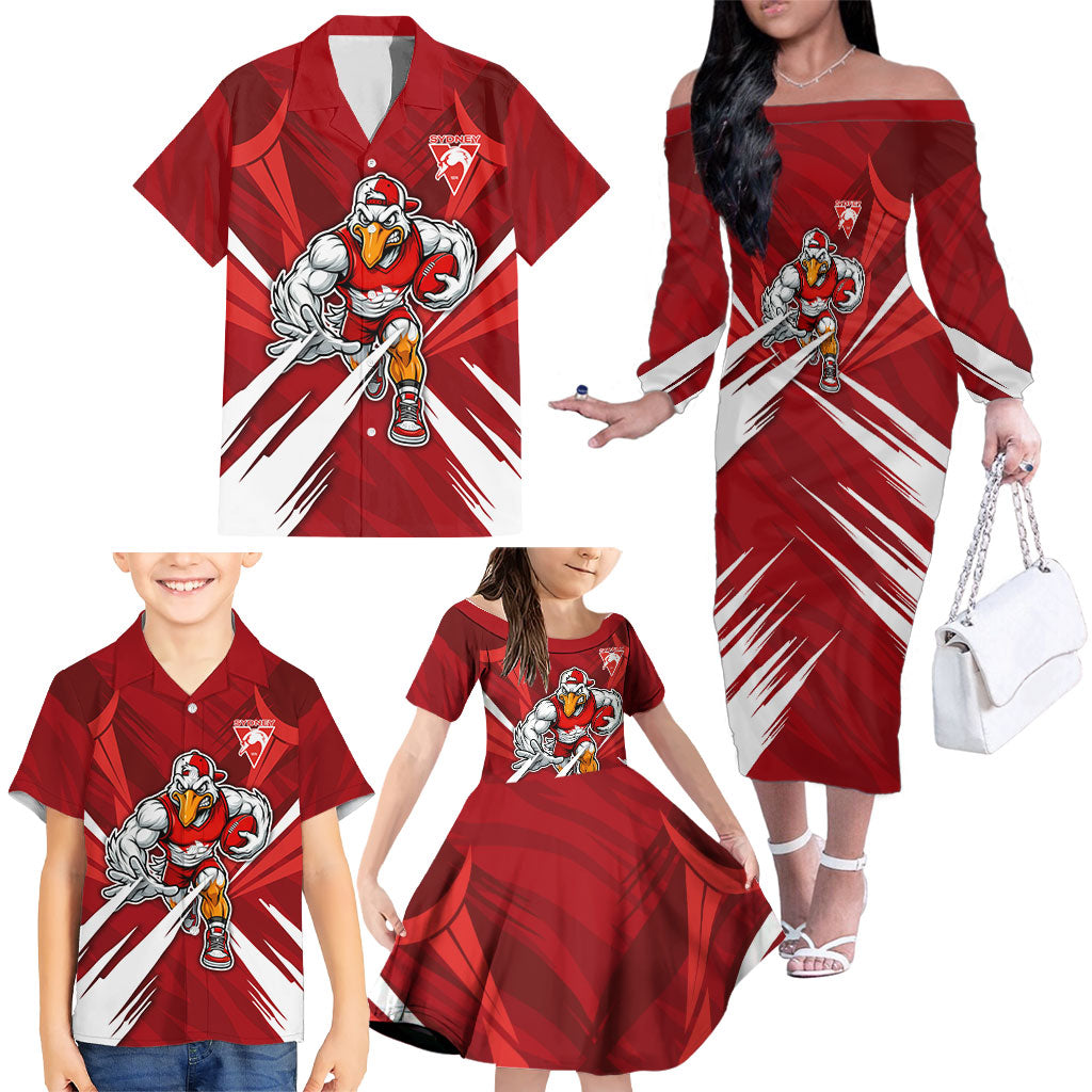 Sydney Swans Australian Football Family Matching Off The Shoulder Long Sleeve Dress and Hawaiian Shirt Muscular Swan Mascot - Bold Team Colors